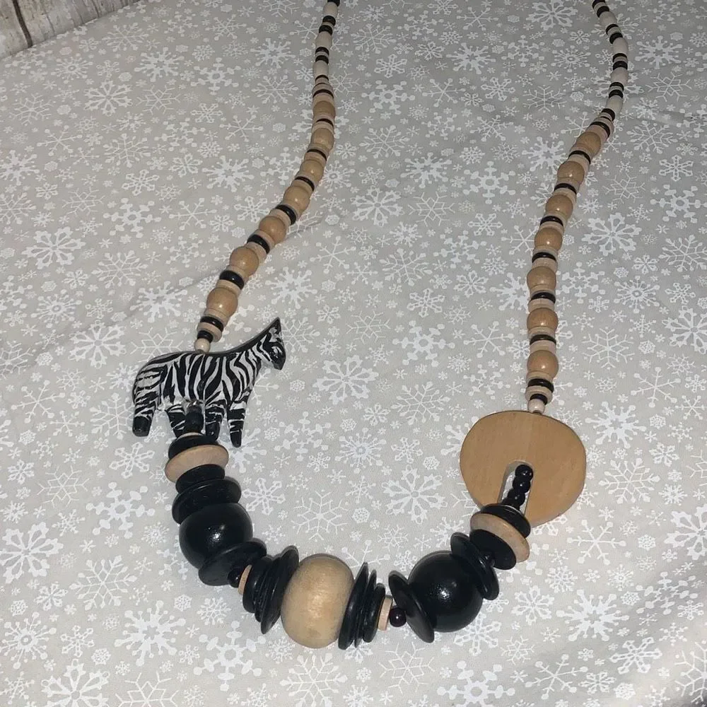 Vintage‎ Wood Hand Carved Zebra Bead Necklace 29”